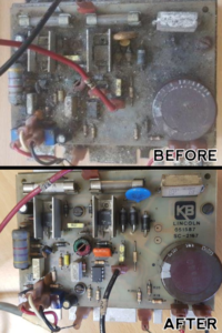 before and after of cleaned and refurbished components on an aged control panel