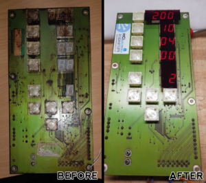 before and after of a previously broken old display that has been restored