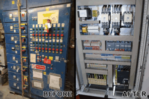 before and after of a large industrial control panel showing upgraded components
