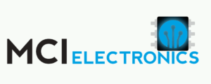 MCI Electronics logo animated with a glowing microchip