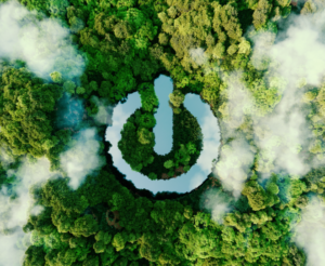 Top down view of a forrest showing a lake in the shape of a power symbol.
