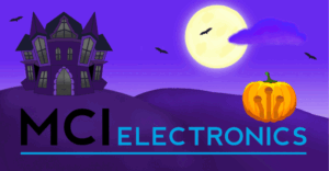 Animated MCI Electronics logo celebrating Halloween.