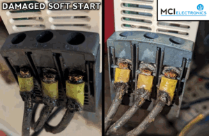 Animation showing damaged softstart and contactor repaired.