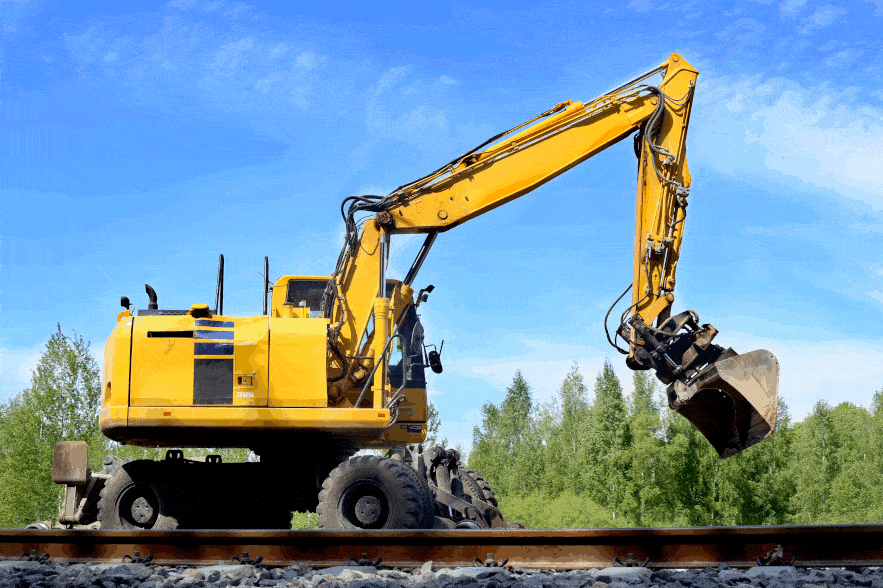 Animation showing a wheeled excavator.