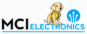 Animation showing a guide dog with a wagging tail sitting on the MCI Electronics logo.