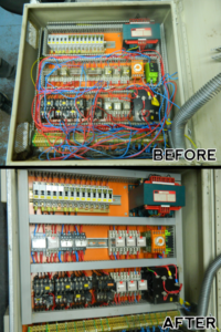 Before and after showing the repair and refurbishment of a control panel.