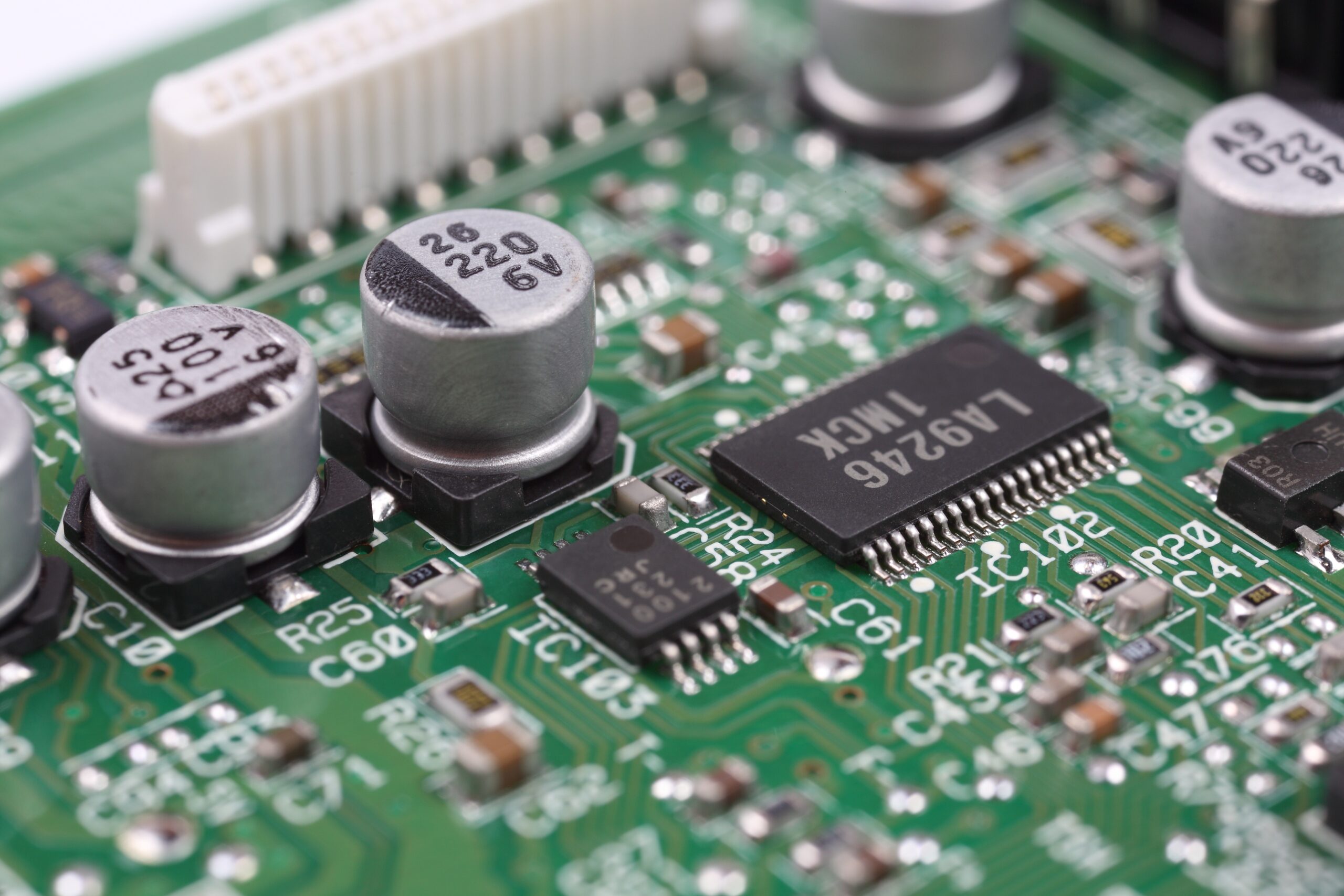 Close up of components on a printed circuit board (PCB)