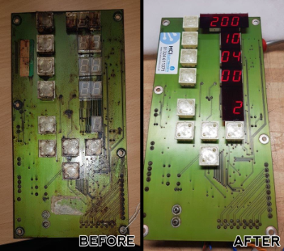 Bakery oven control board before and after repair by MCI Electronics.