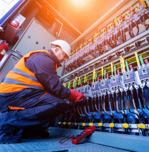 Engineer testing a component in a control panel with a multimeter