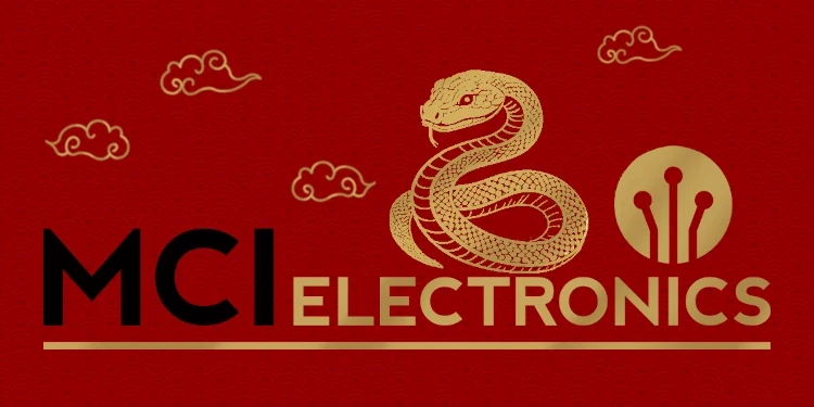 MCI Electronics logo image showing a golden snake on a red background.