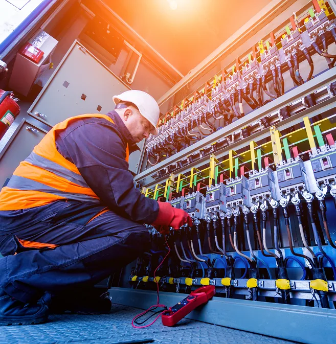 Engineer testing a component in a control panel with a multimeter