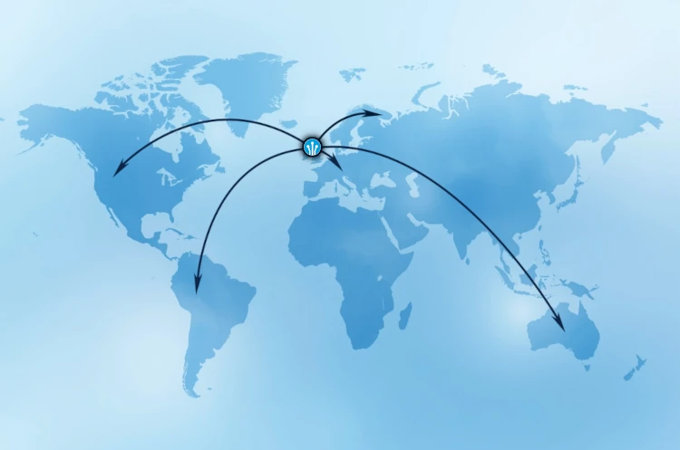 World map showing arrows pointing away from the MCI logo situated above Scotland.
