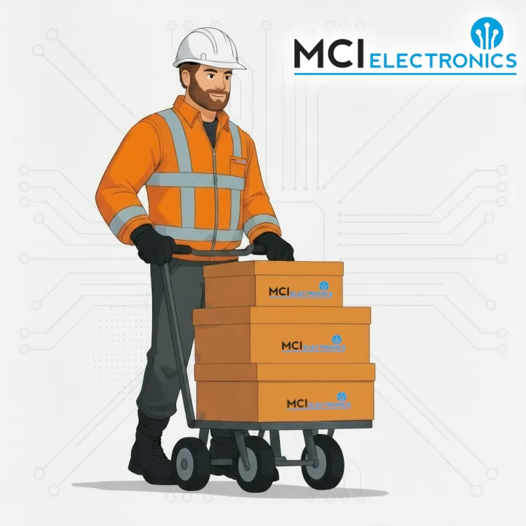 Man wearing hi-viz pushing a hand truck with MCI Electronics boxes.